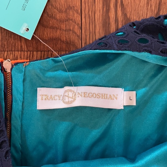 NWT TRACY NEGOSHIAN women’s sleeveless EYELET dress blue over turquoise lining L - Picture 13 of 14